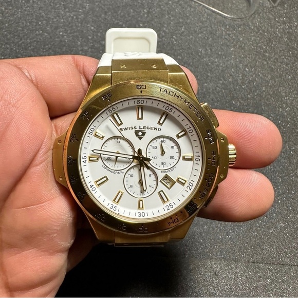 Swiss Legend Maverick Chronograph Diver Watch Gold Bezel White Dial/band Working - Picture 2 of 8